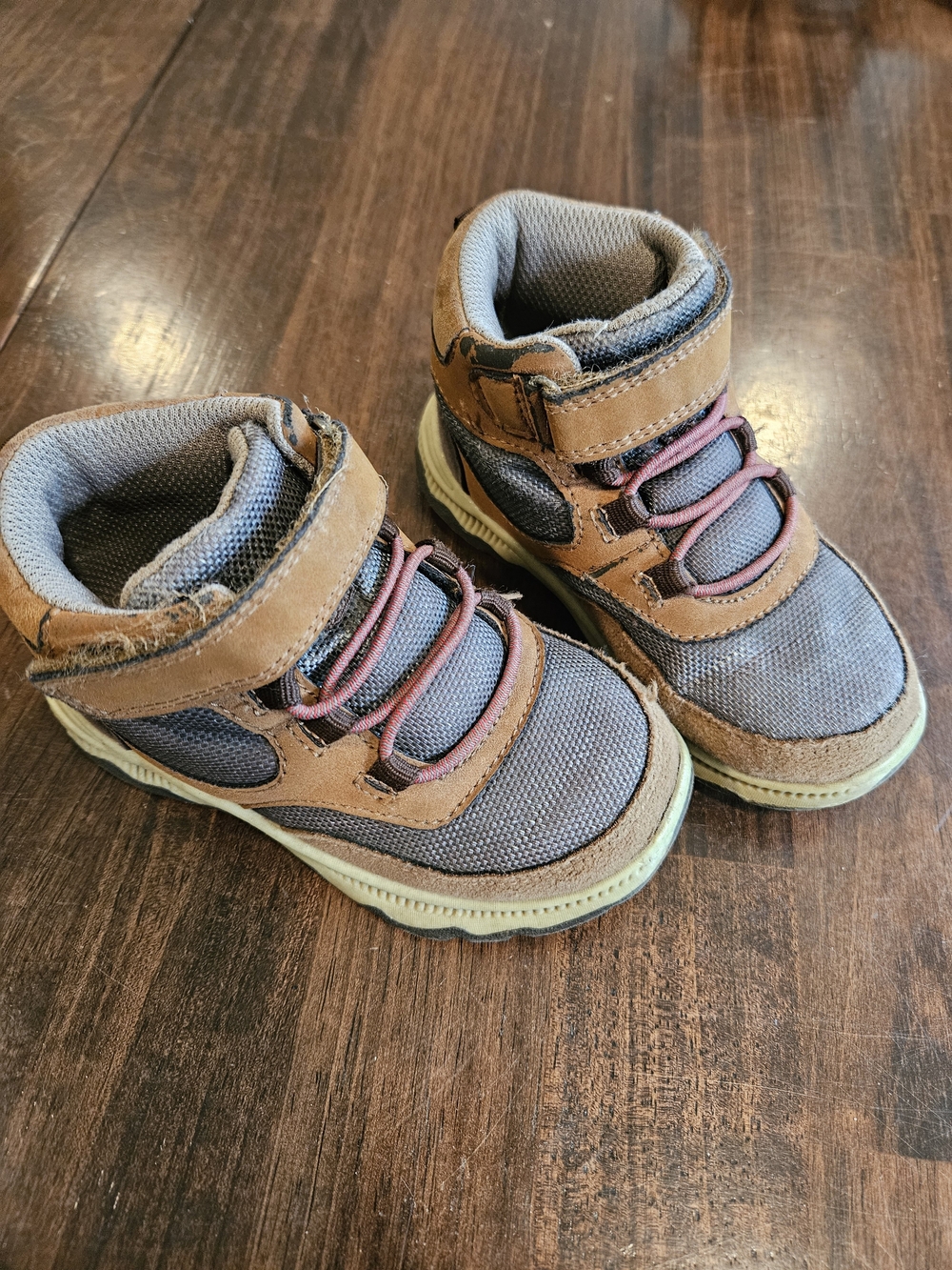 OshKosh B'gosh Brown and Gray Kids High-Top Boots with Red Laces